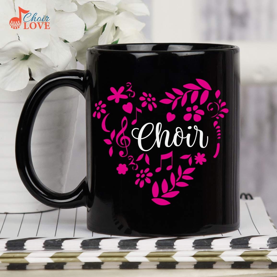 Choir Lover Gift, Music Gift, Music Teacher Gift, Filled With Love Choir Heart And Flowers Black Mug