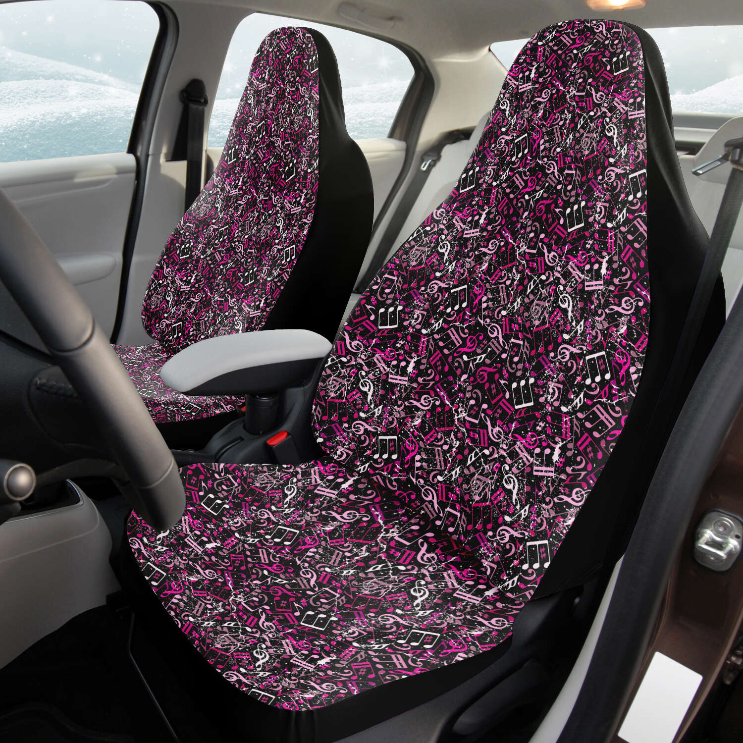 Custom Front Car Seat Covers, Music Notes, Thanks For The Music - Hot Magenta