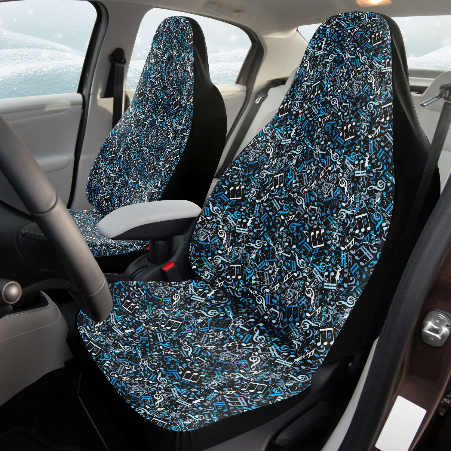 Custom Front Car Seat Covers, Music Notes, Thanks For The Music - Turquoise Blue