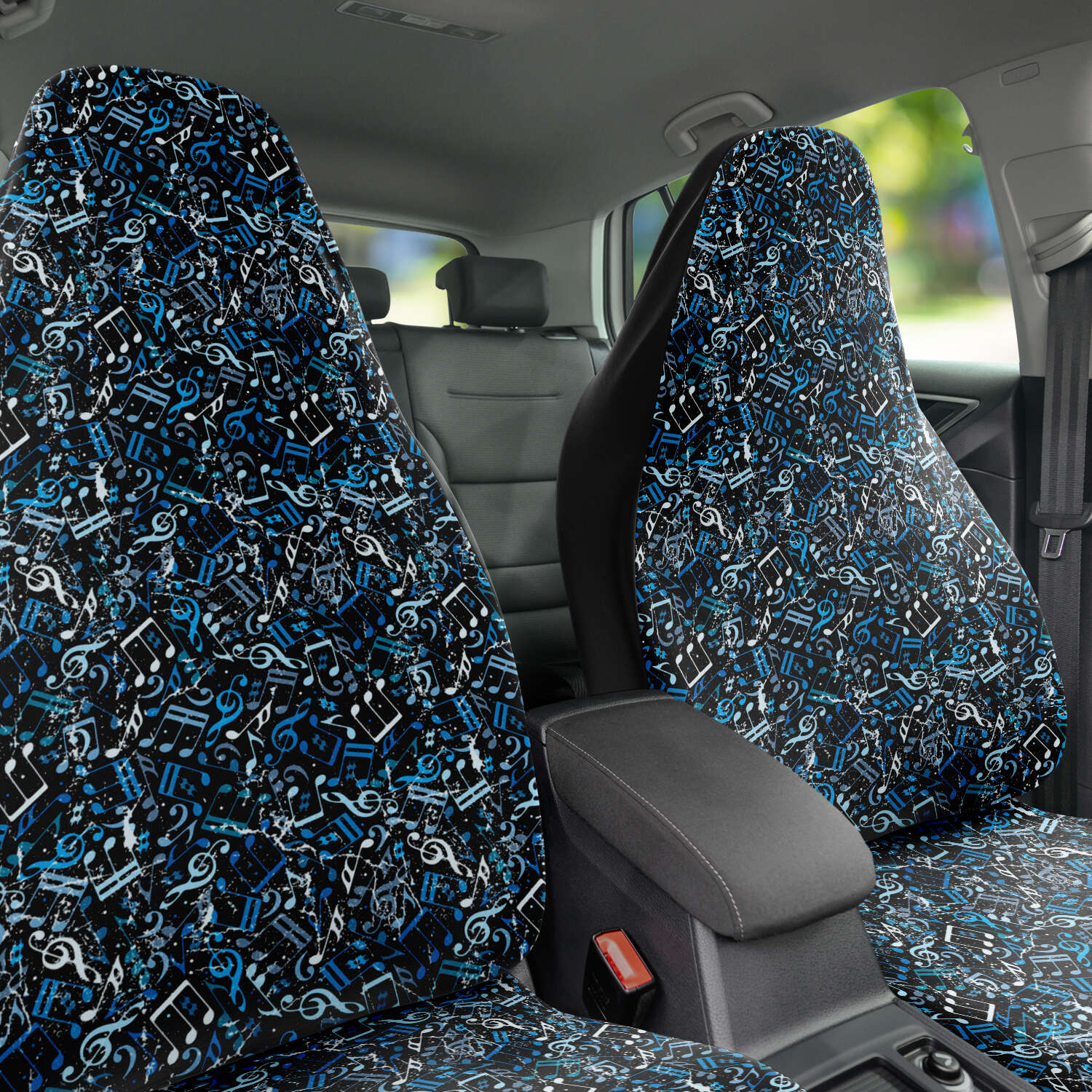 Custom Front Car Seat Covers, Music Notes, Thanks For The Music - Turquoise Blue