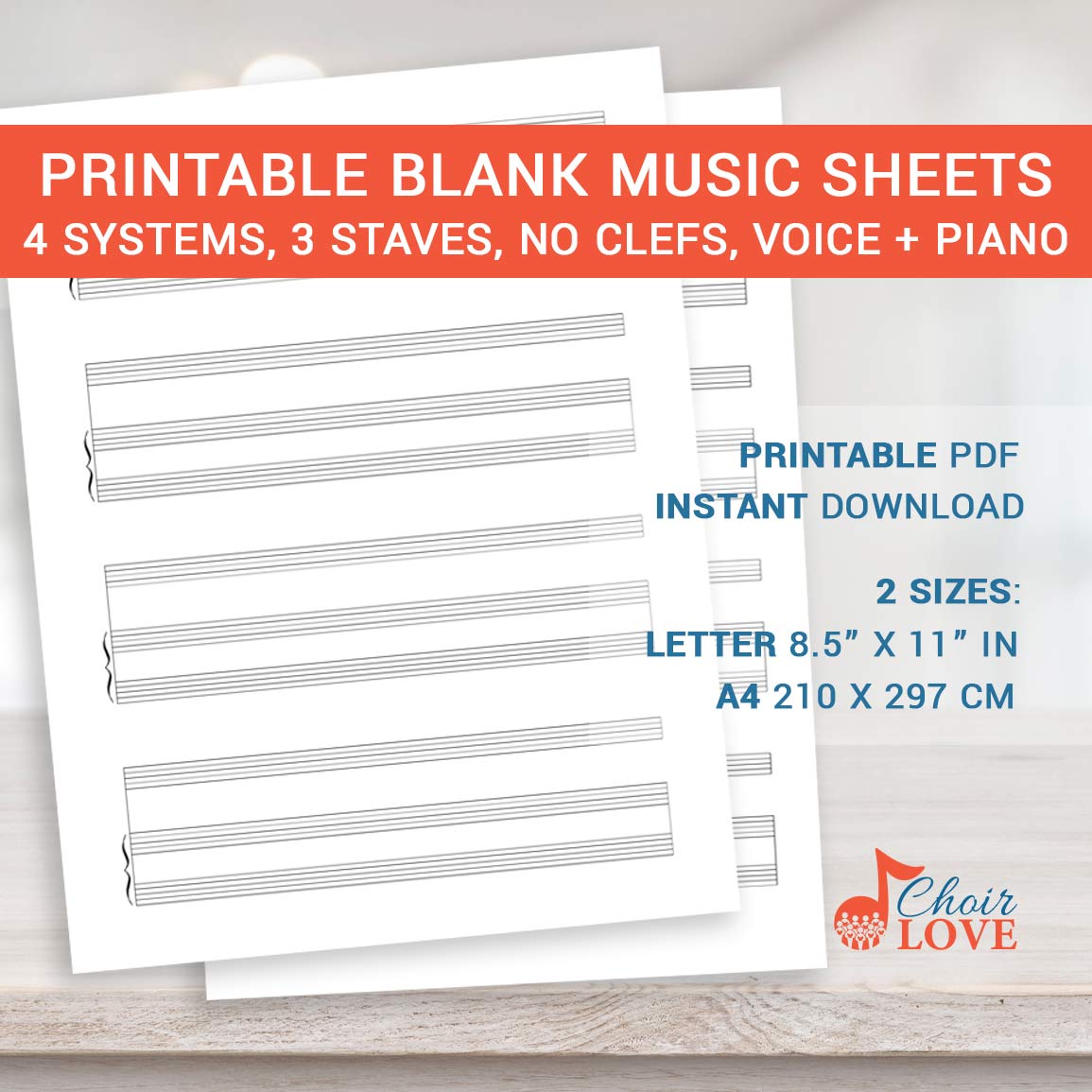 Printable Sheet Music, Blank Music, Sheet Music, 8.5 x 11, A4, Voice and Piano, 4 Systems, 3 Staves, No Clefs