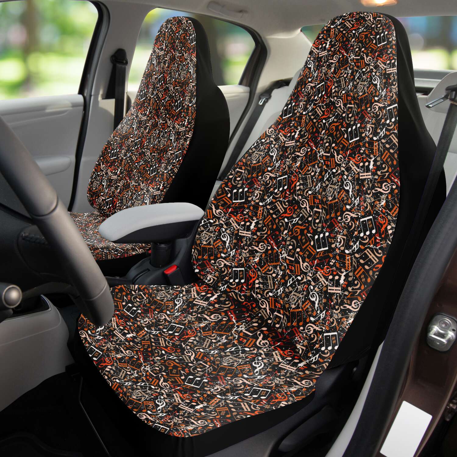 Custom Front Car Seat Covers, Music Notes, Thanks For The Music - Burnt Sienna Orange