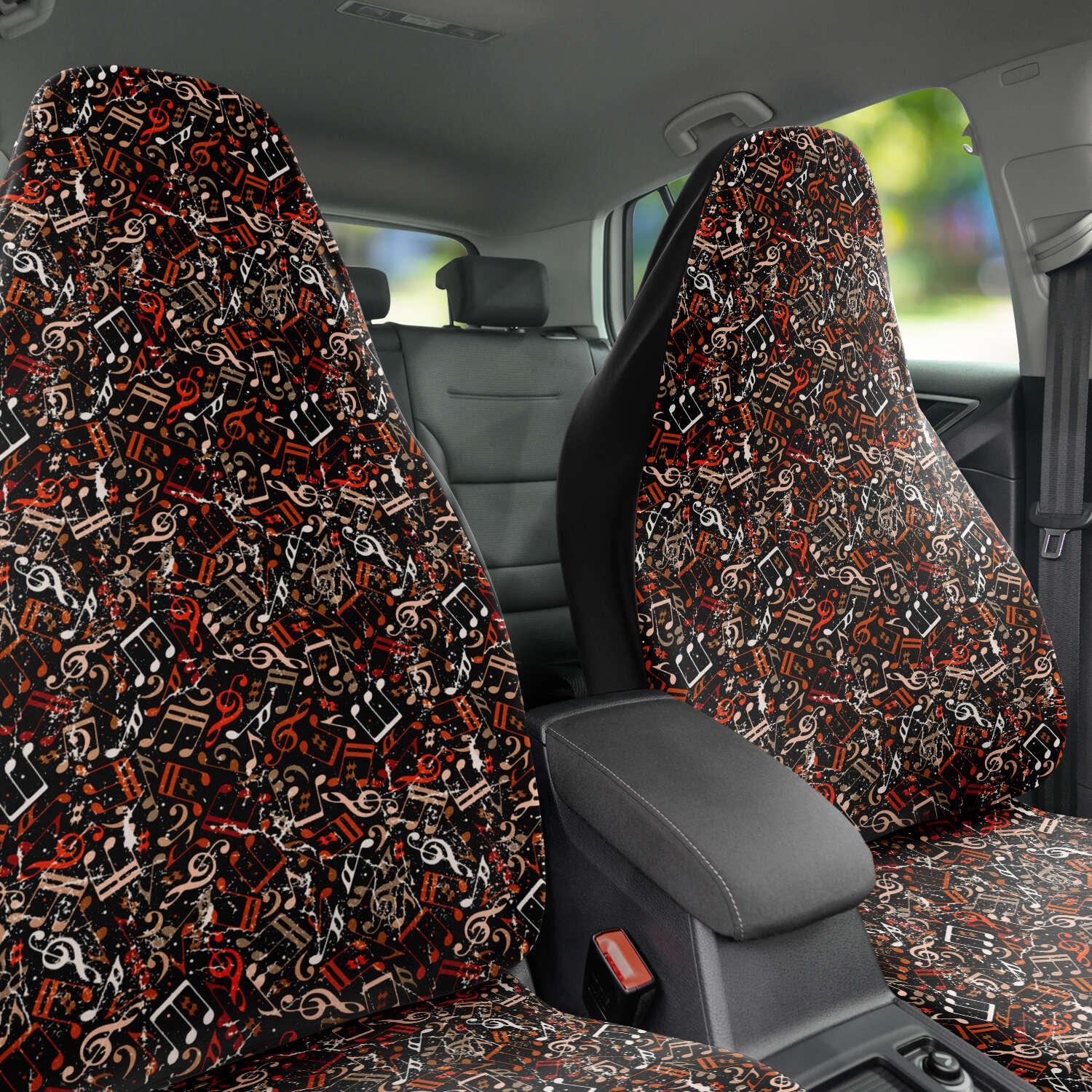 Custom Front Car Seat Covers, Music Notes, Thanks For The Music - Burnt Sienna Orange