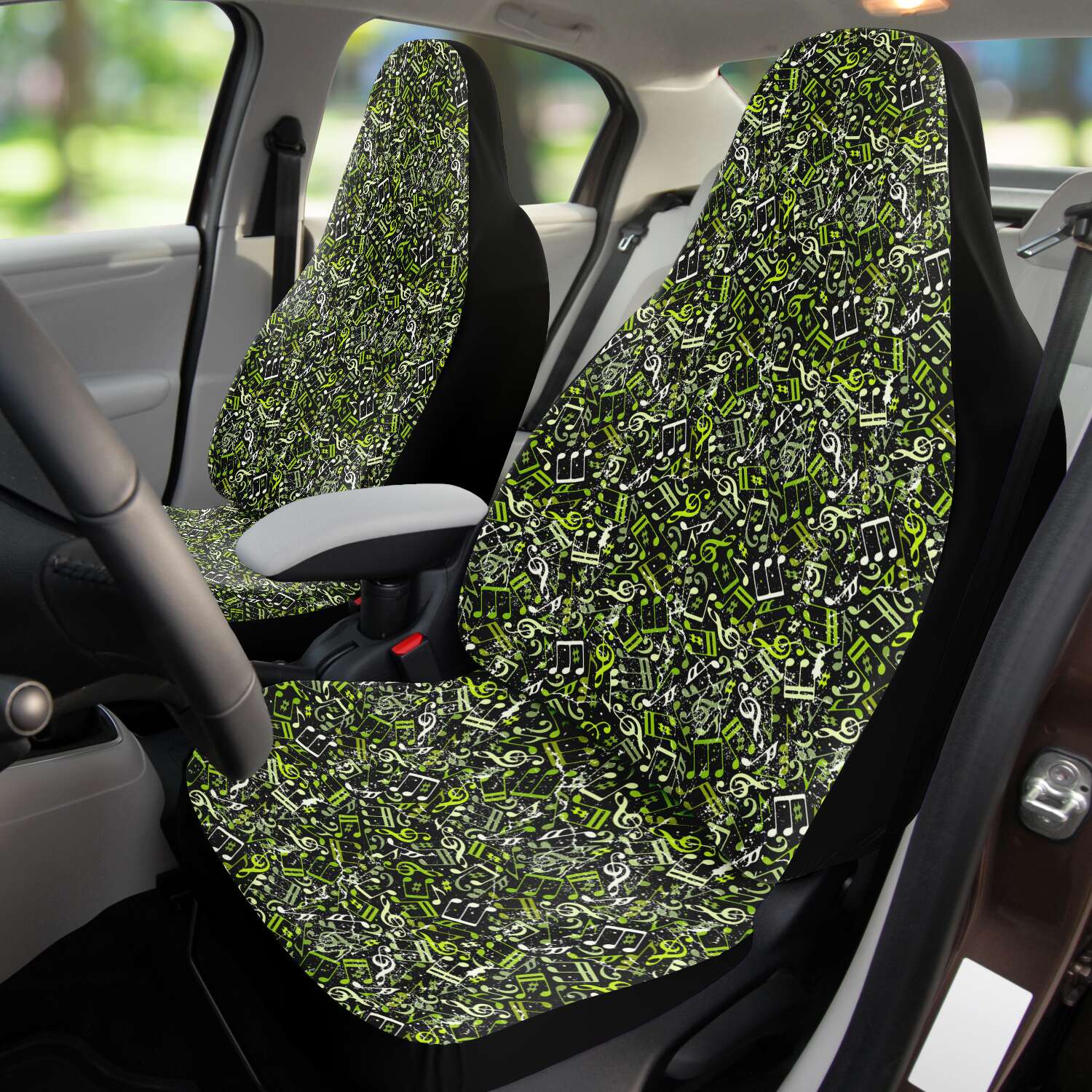 Custom Front Car Seat Covers, Music Notes, Thanks For The Music - Fresh Lime Greens