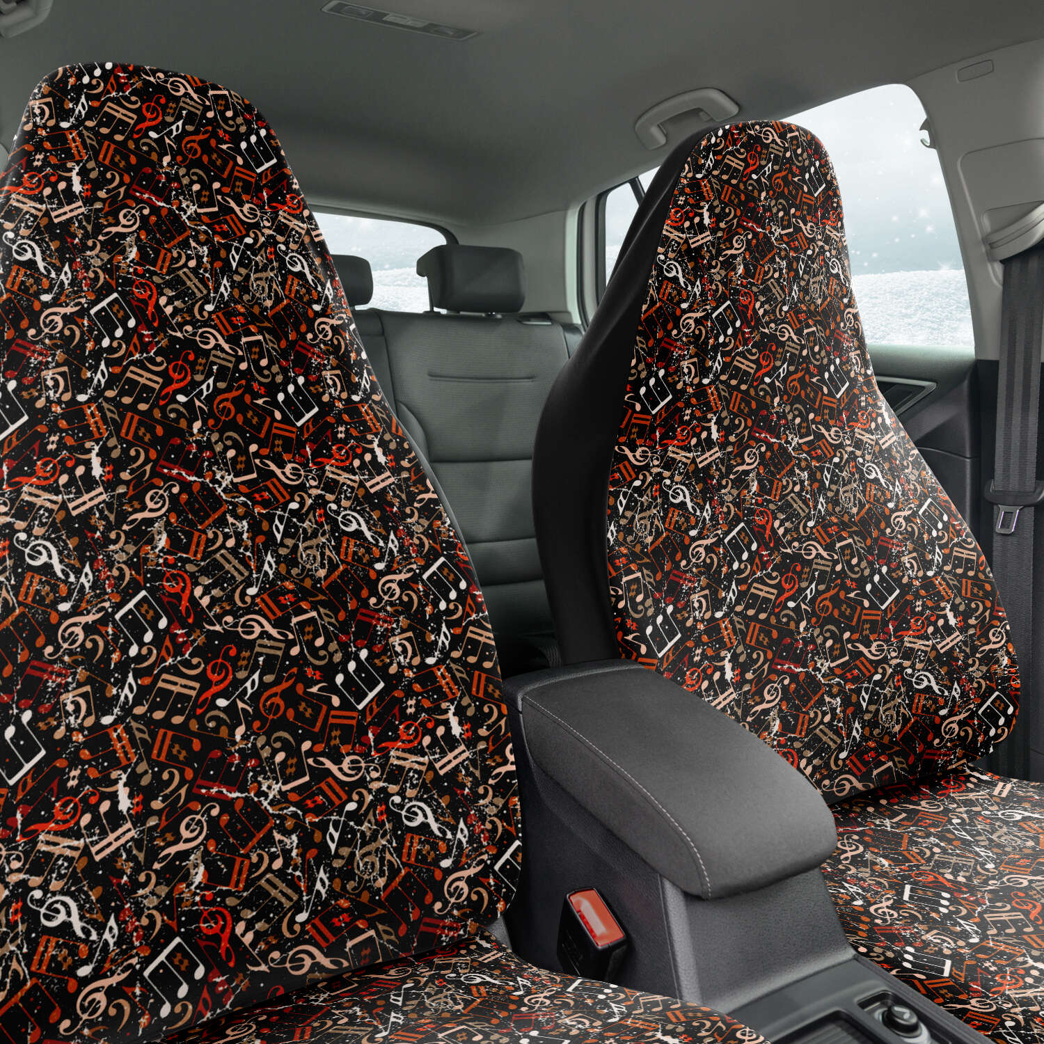 Custom Front Car Seat Covers, Music Notes, Thanks For The Music - Burnt Sienna Orange