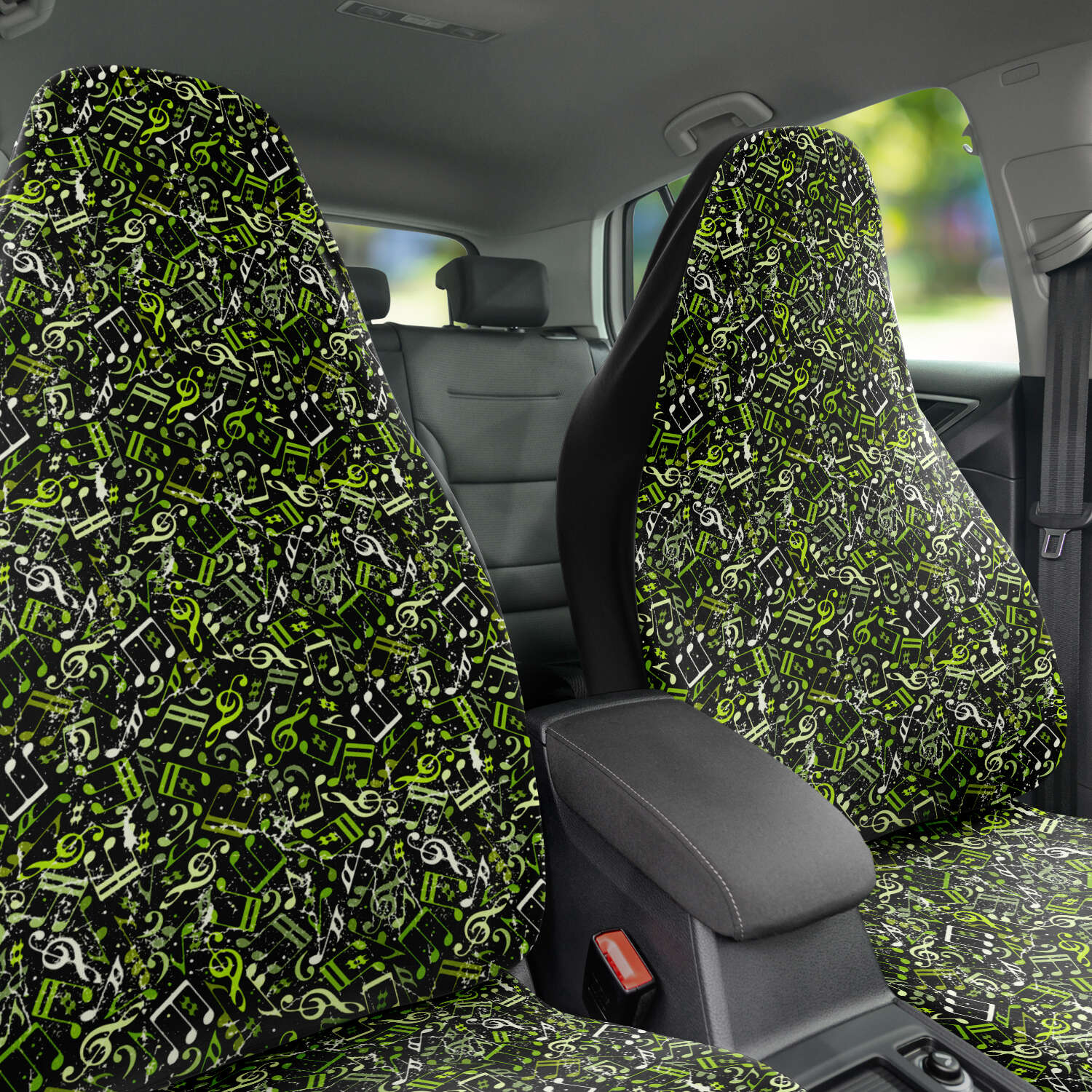 Custom Front Car Seat Covers, Music Notes, Thanks For The Music - Fresh Lime Greens