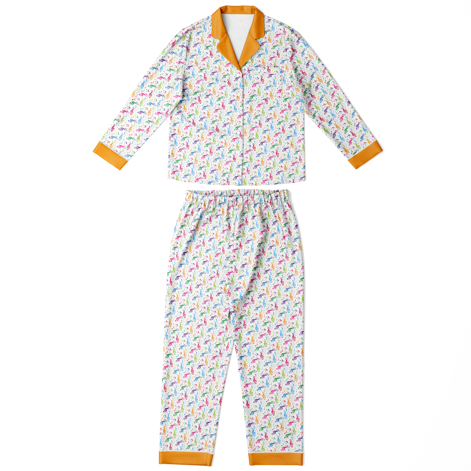 Pyjamas Women, Music Gift, Gift For Singers, Treble Clef Deluxe Satin Pyjamas, Orange Cuffs, Music Pyjamas With Butter-Soft Fabric