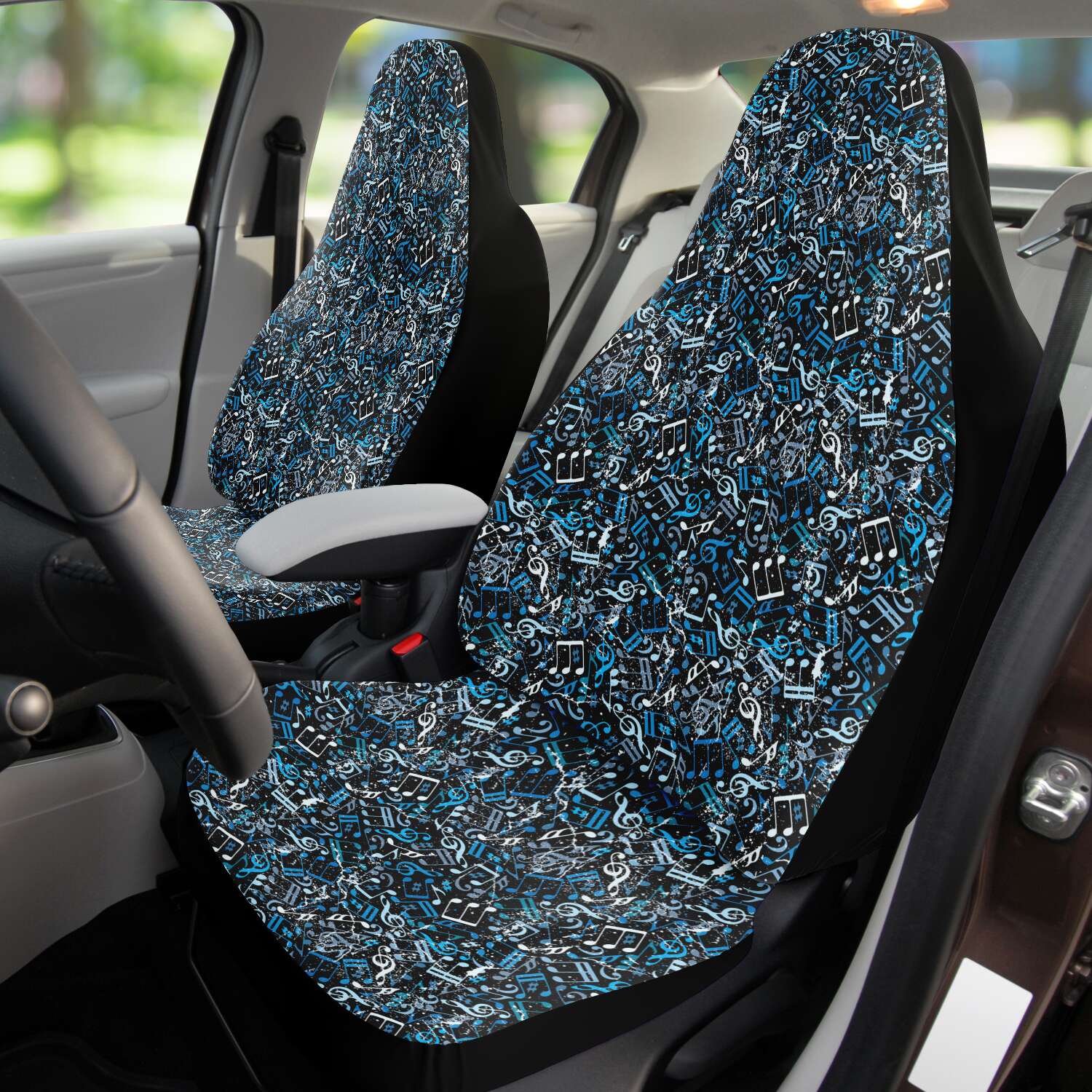 Custom Front Car Seat Covers, Music Notes, Thanks For The Music - Turquoise Blue