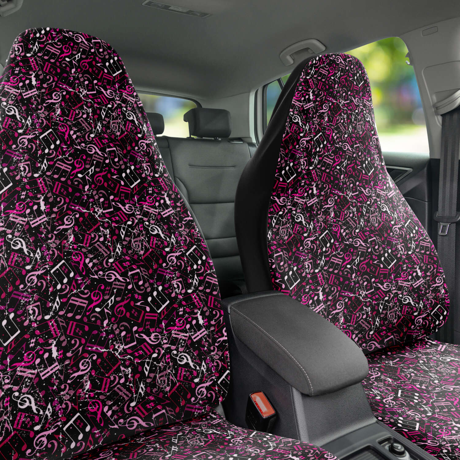 Custom Front Car Seat Covers, Music Notes, Thanks For The Music - Hot Magenta