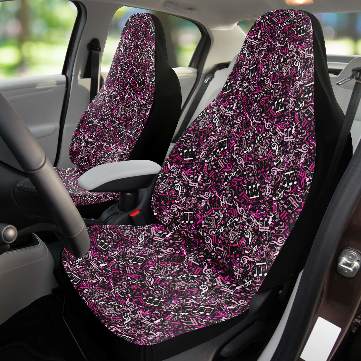 Custom Front Car Seat Covers, Music Notes, Thanks For The Music - Hot Magenta