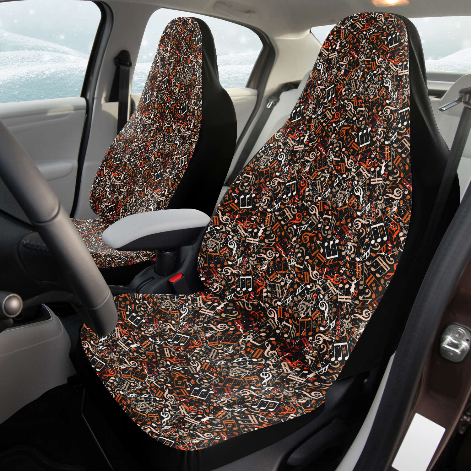 Custom Front Car Seat Covers, Music Notes, Thanks For The Music - Burnt Sienna Orange