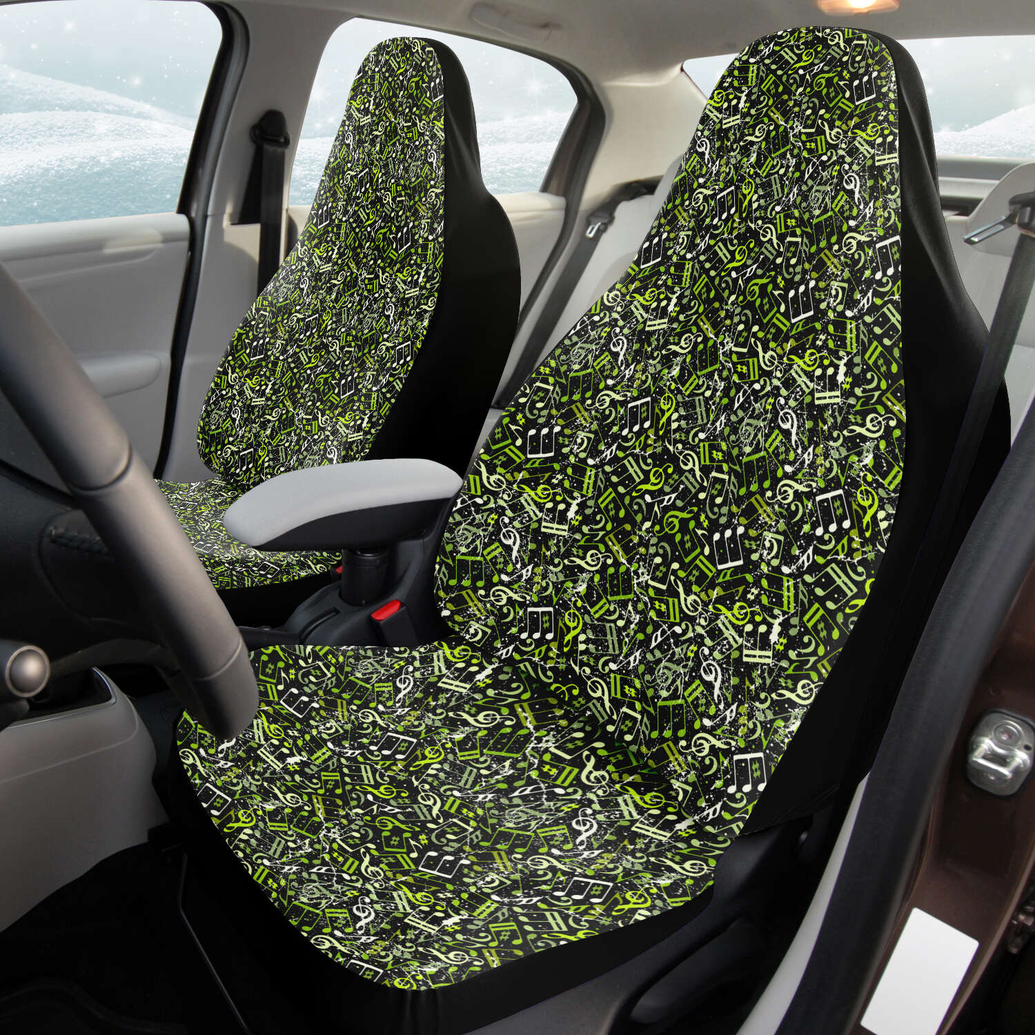 Custom Front Car Seat Covers, Music Notes, Thanks For The Music - Fresh Lime Greens