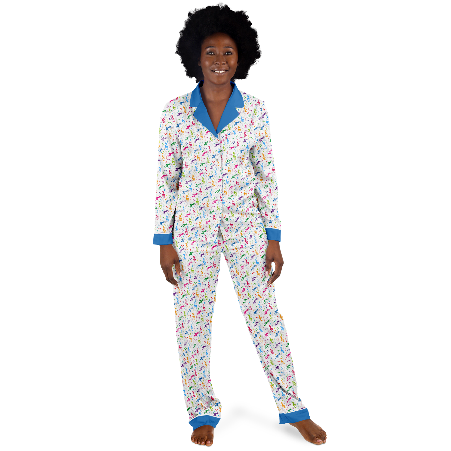 Pyjamas Women, Music Gift, Gift For Singers, Treble Clef Deluxe Satin Pyjamas, Music Pyjamas With Blue Accents, Butter-Soft Fabric