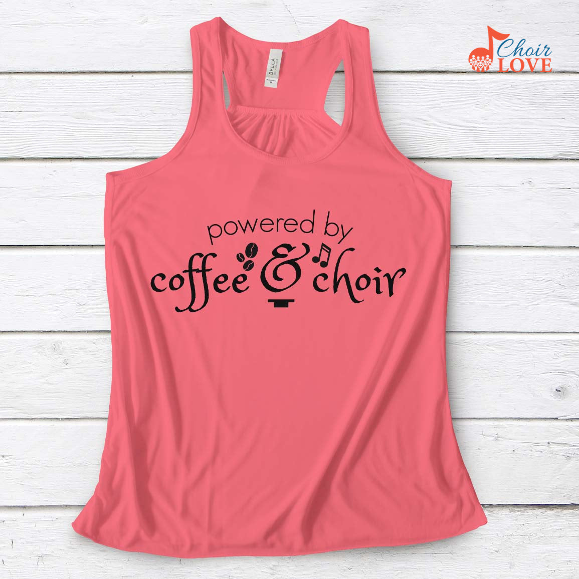 Music Gift, Gifts For Singer, Choir, Choir Director, Music Teacher, Powered By Coffee & Choir Ladies' Flowy Racerback Tank