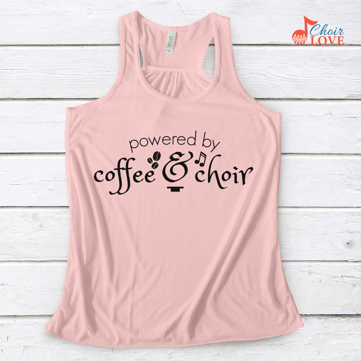 Music Gift, Gifts For Singer, Choir, Choir Director, Music Teacher, Powered By Coffee & Choir Ladies' Flowy Racerback Tank