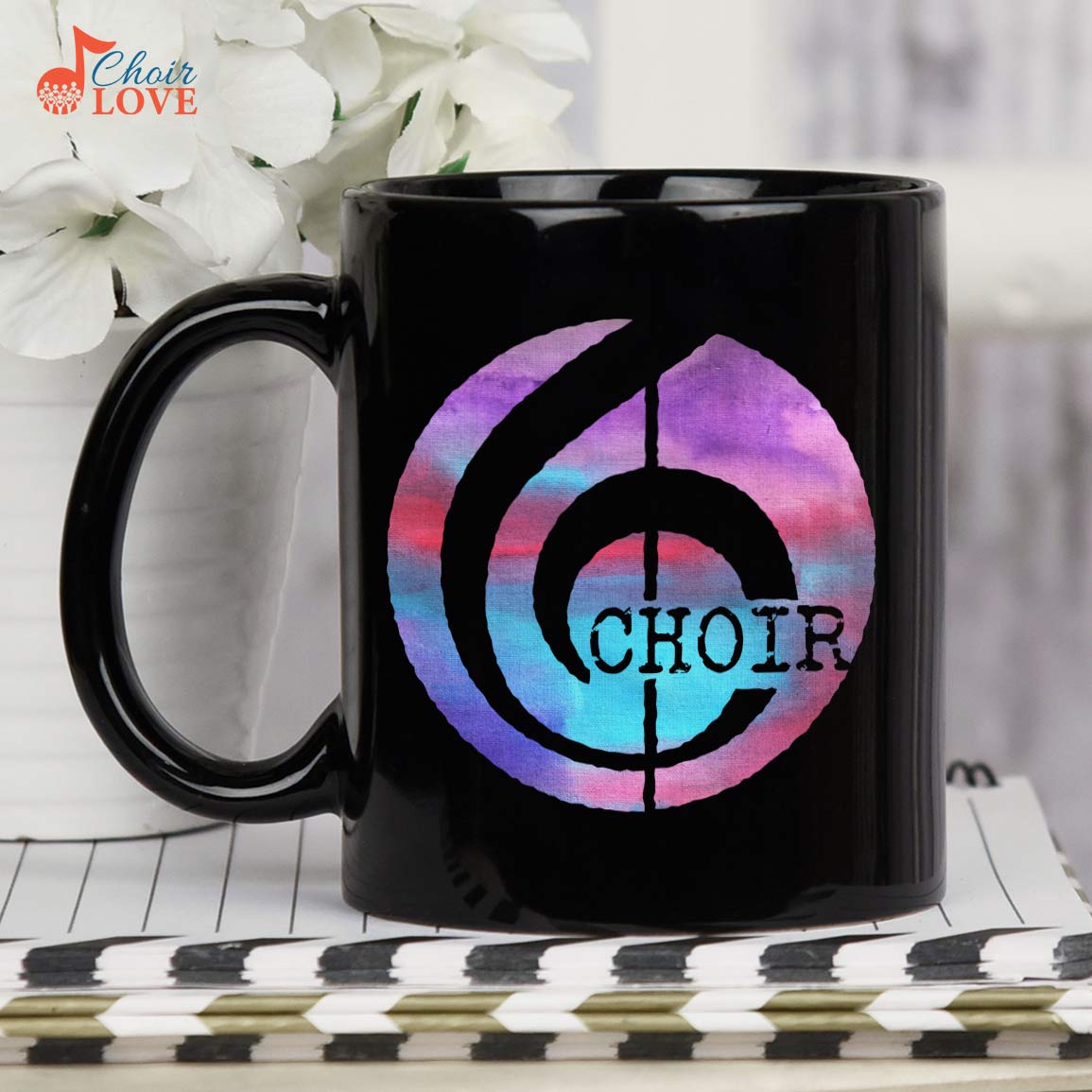 Music Mug, Gifts For Choir, Musicians, Choralists Watercolor Treble Clef  Black Mug