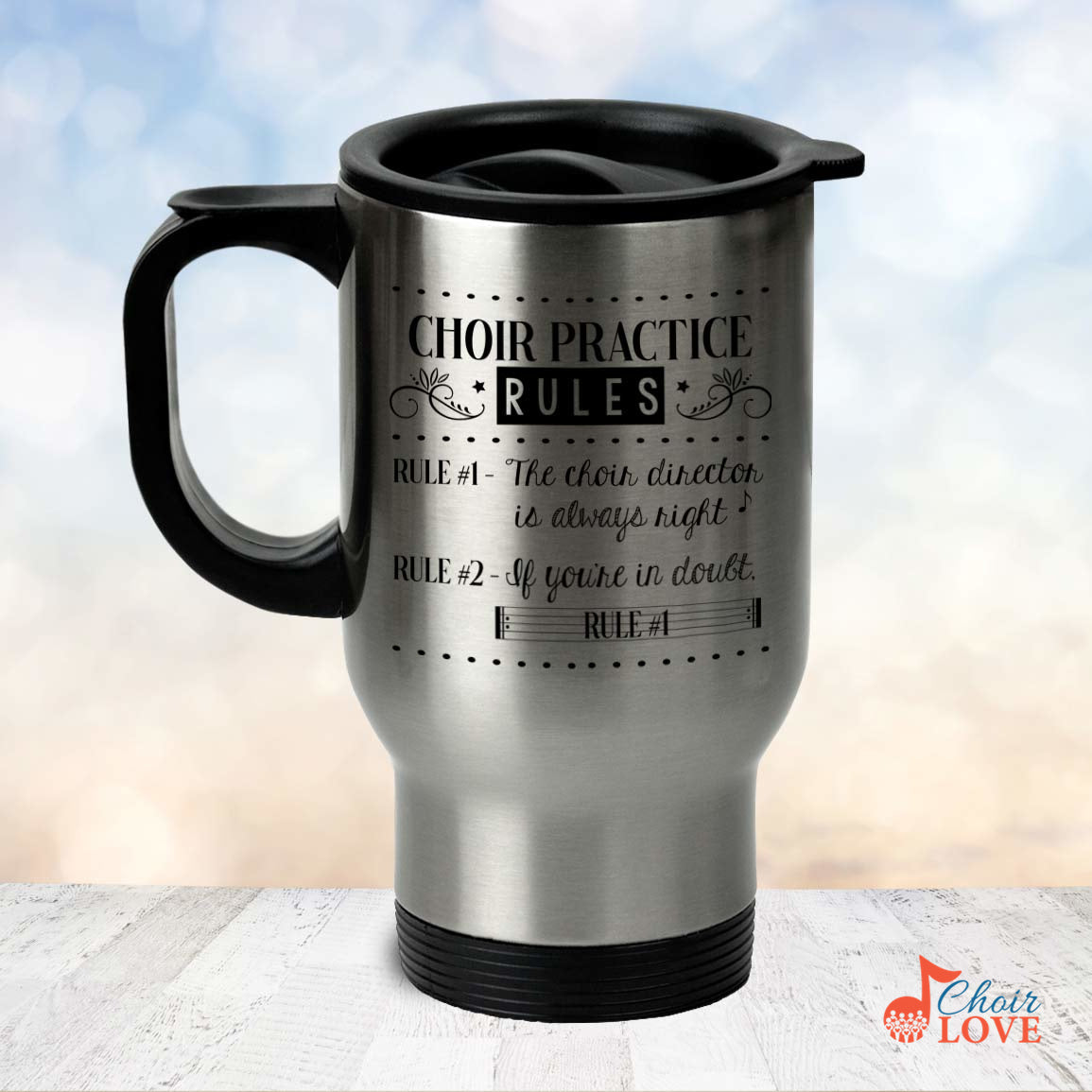 Music Gift, Gifts For Singer, Choir, Chorale, Musical Theatre, Music Mug, Choir Practice Rules Silver Stainless Travel Mug